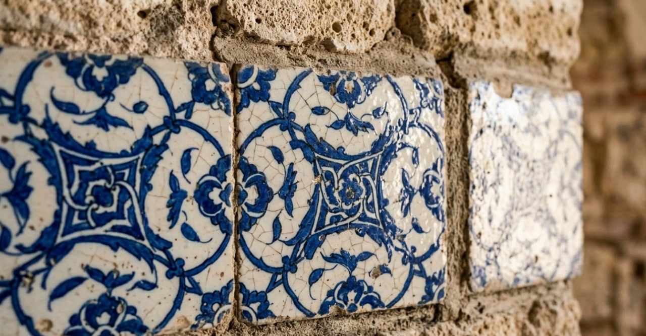 Tarihi yapı restorasyon çinisi — taş duvar üzerinde özgün İznik çini
