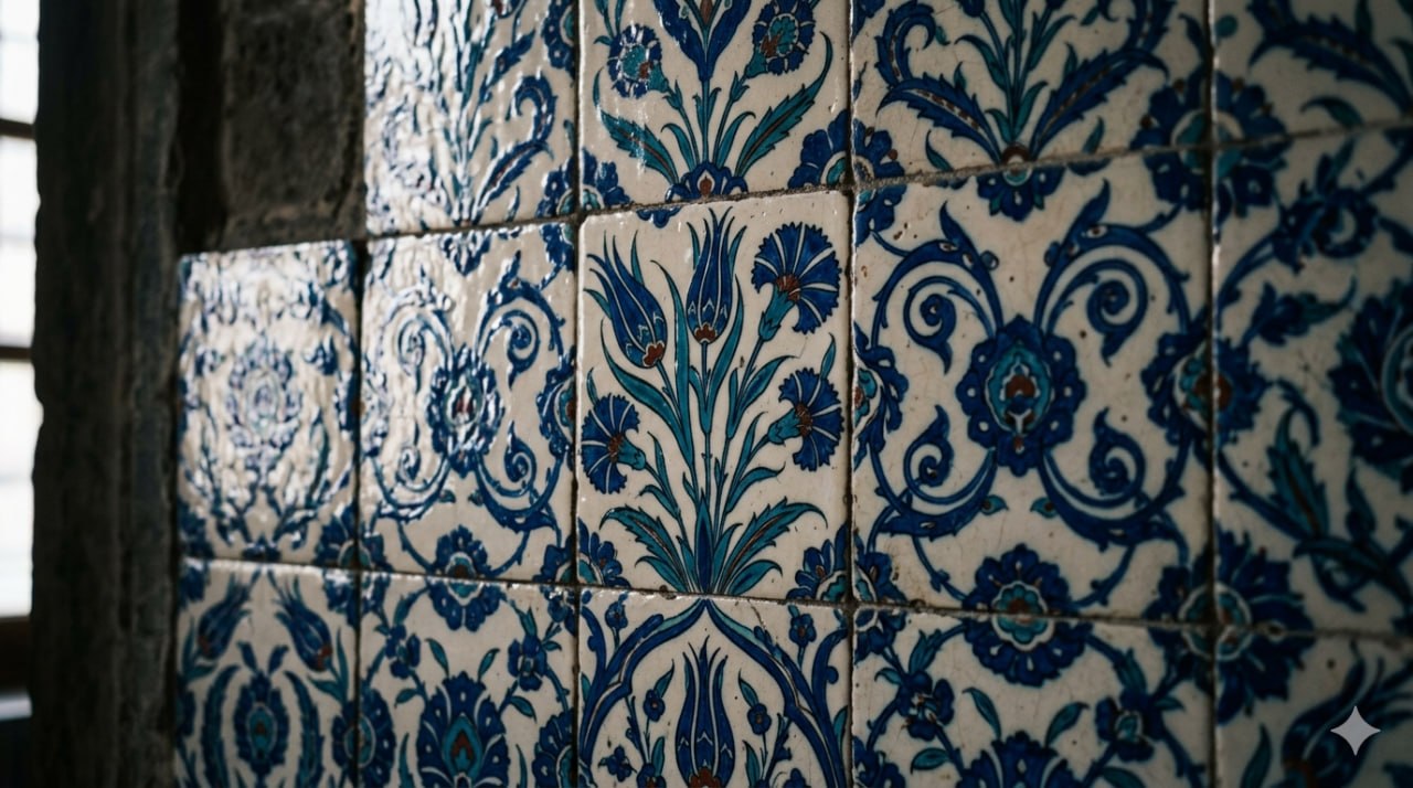 İznik çini detayı — lacivert ve beyaz geleneksel motifler