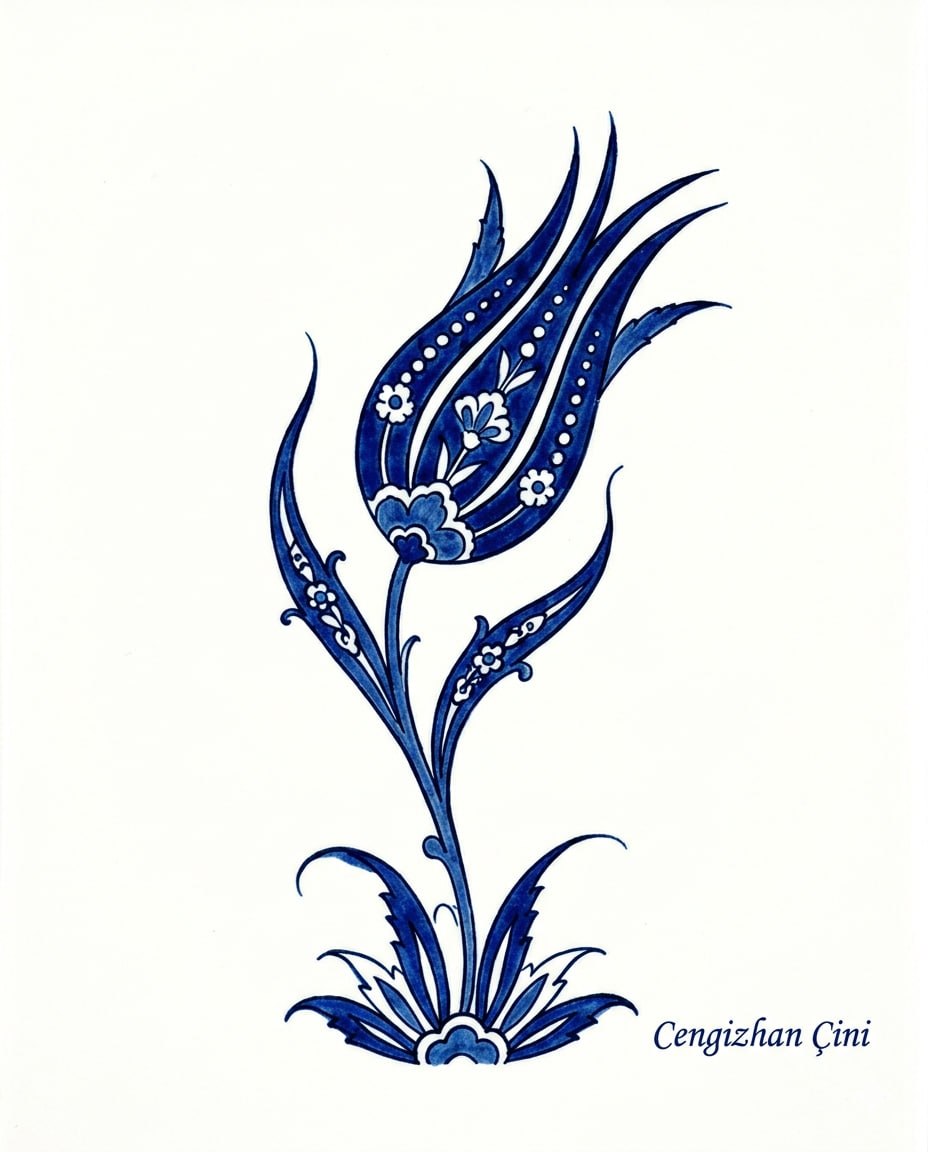 İznik çini motifiyle çizilmiş mavi lale — Cengizhan Çini